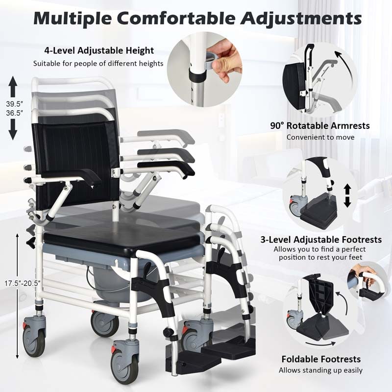 Eletriclife 4-in-1 Bedside Commode Chair Commode Wheelchair with Detachable Bucket